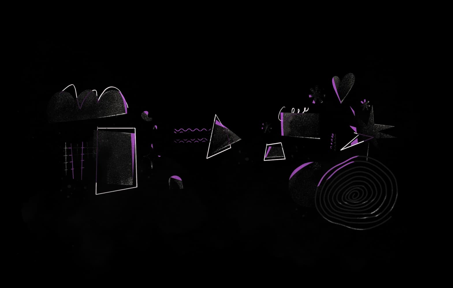 A playful depiction of gray, black and purple shapes